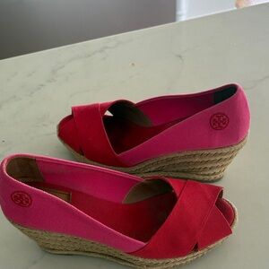 Tory Burch Red and Pink Wedge Espadrilles